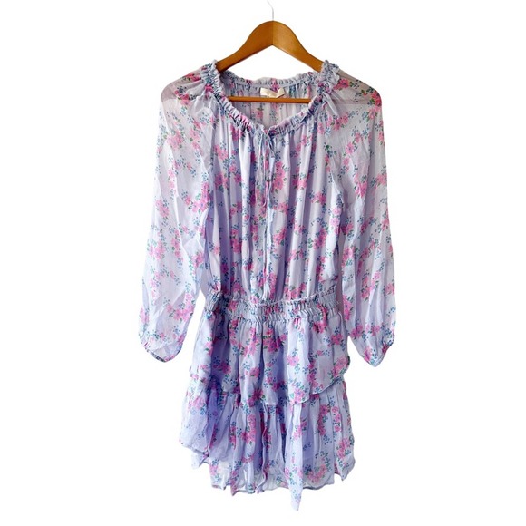 LOVESHACKFANCY Wisteria Tiered Popover Dress Silk Mini Lilac Purple Floral XS - Picture 3 of 10